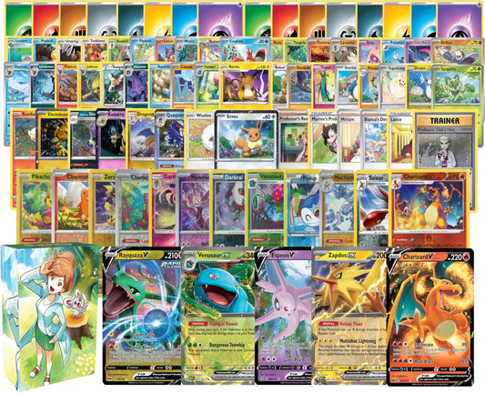 Pokemon: 100 Assorted Card Bundle - with Foils and 5 Ultra Rare (V GX EX) Variety - Official Pokemon TCG Deck Box Included